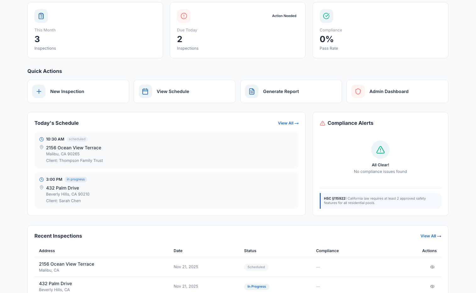PoolVerify Pool Inspection Software Dashboard