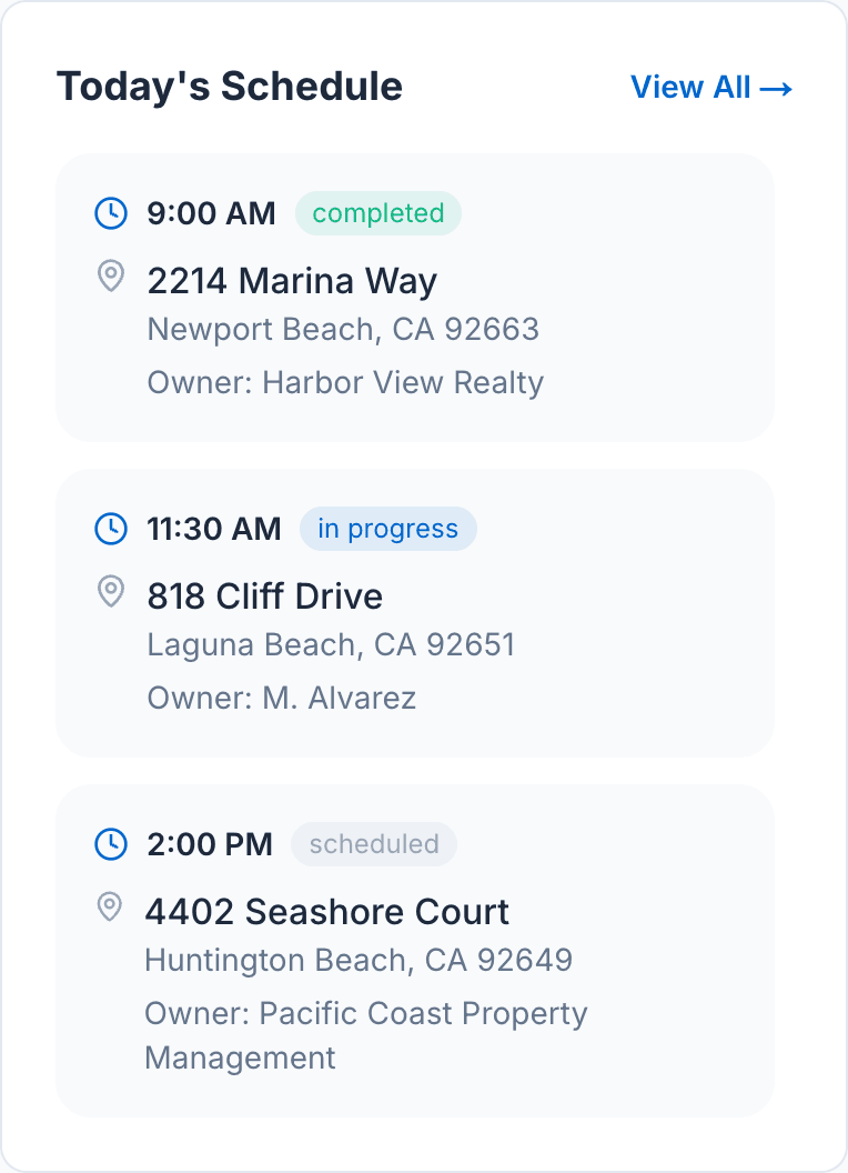 PoolVerify dashboard Today's Schedule card listing three inspections with their time, status, property address, and client