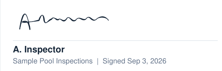 The inspector certification block from page 5 of the sample report: a handwritten signature above the inspector's name, company, and the date signed