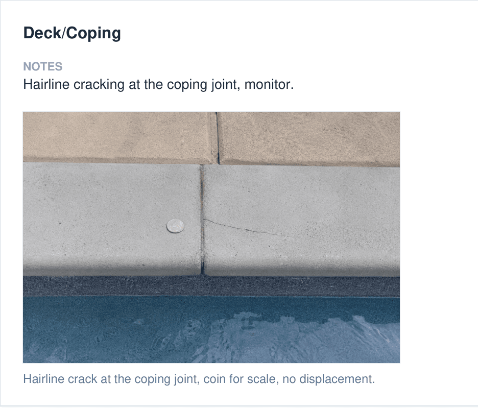 An additional inspection item from page 5 of the sample report: Deck/Coping, with the note that there is hairline cracking at the coping joint to monitor, and a captioned photo of the crack with a coin for scale