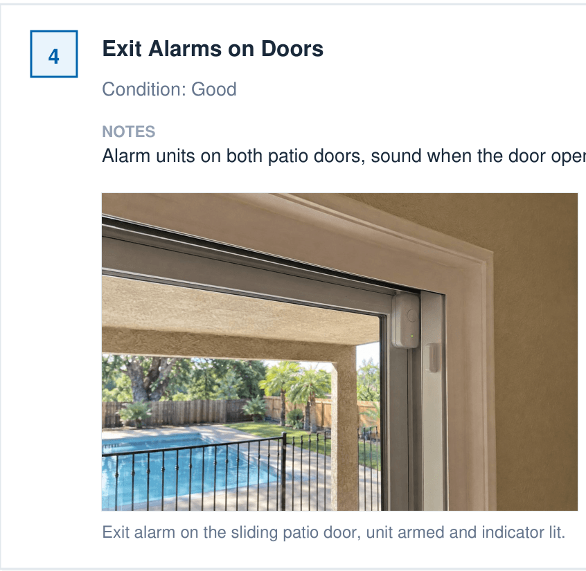 Safety feature 4 from page 3 of the sample report: Exit Alarms on Doors, condition good, the inspector's note that alarm units on both patio doors sound when the door opens, and a captioned photo of the alarm on the sliding patio door
