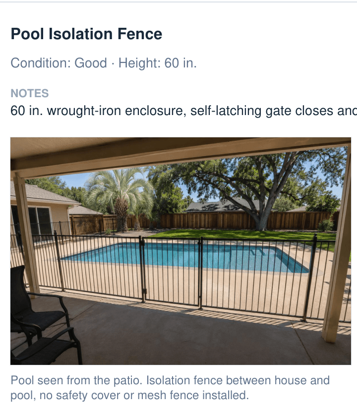 Safety feature 1 from page 2 of the sample report: Pool Isolation Fence, condition good, height 60 inches, the inspector's note, and a captioned photo of the fence seen from the patio