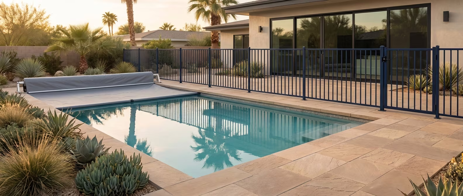 California Airbnb pool with compliant barrier, self-latching gate, and safety cover for short-term rental guests