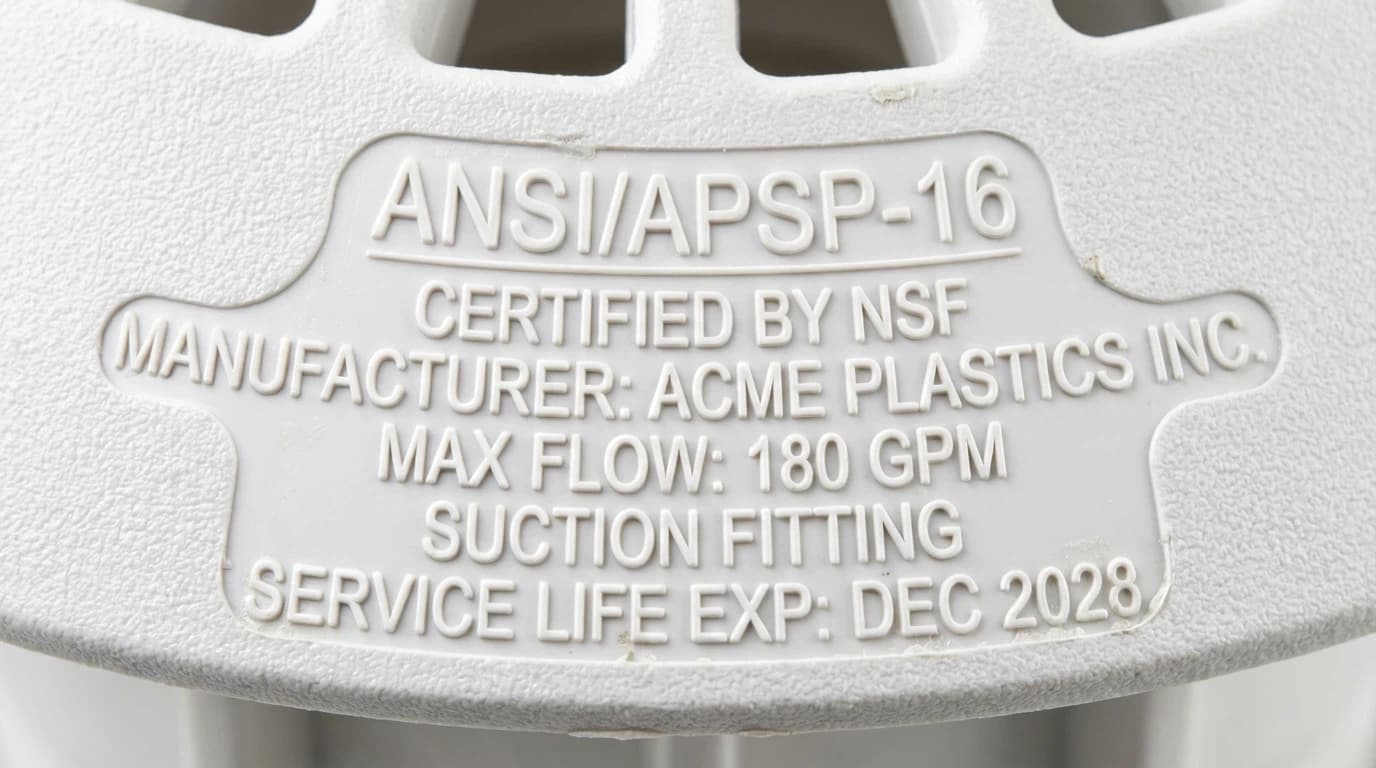 Close-up of VGB-compliant drain cover showing ANSI/APSP-16 certification marking