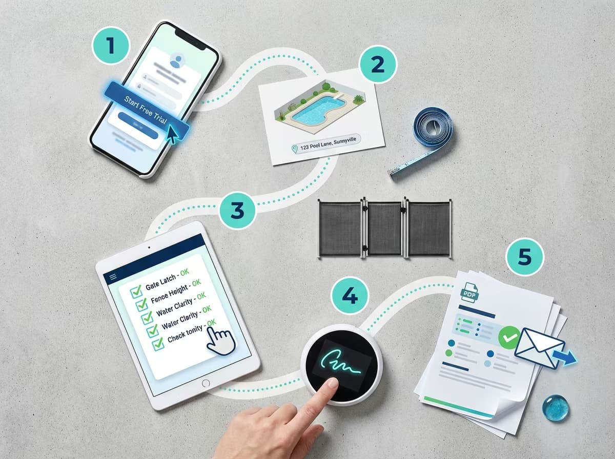 Step-by-step automated pool inspection report workflow