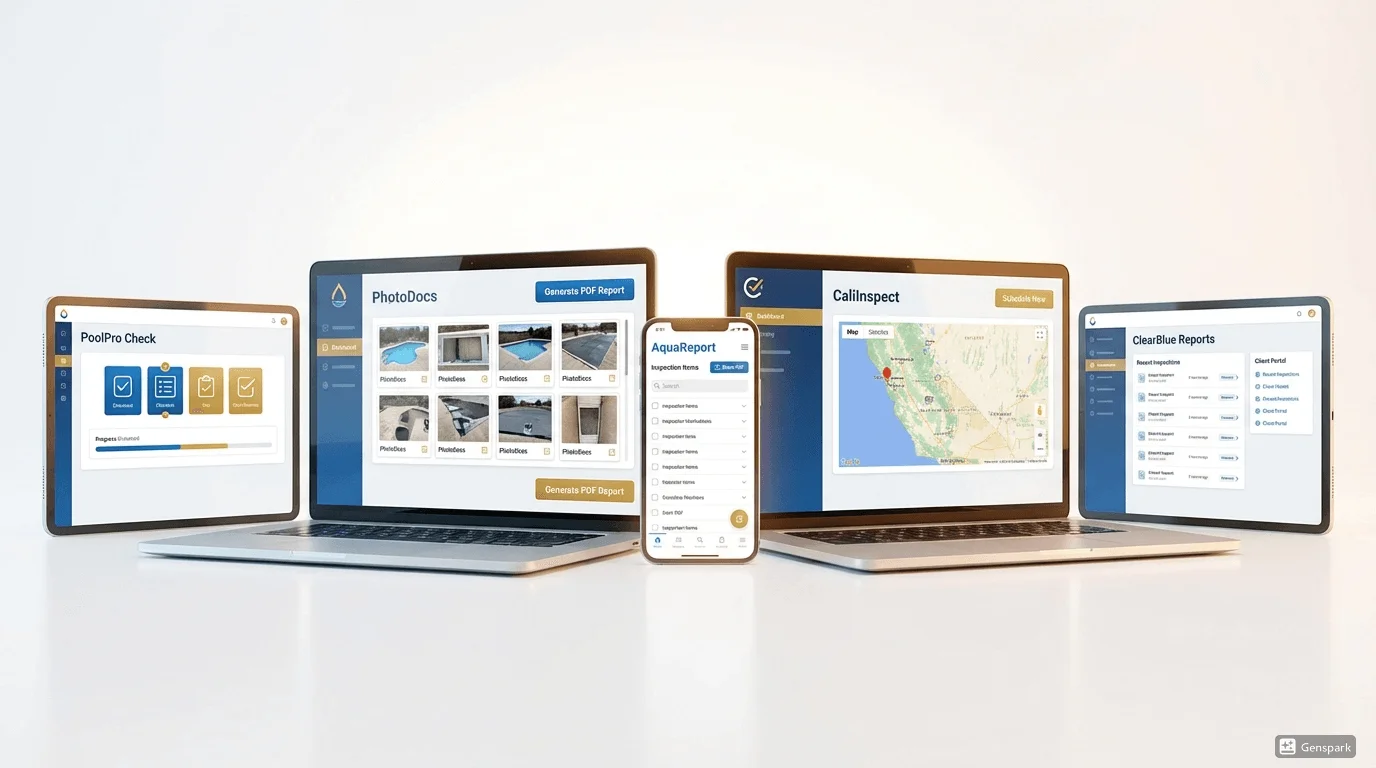 Comparison dashboard showing top 5 pool inspection software platforms for California pool inspectors