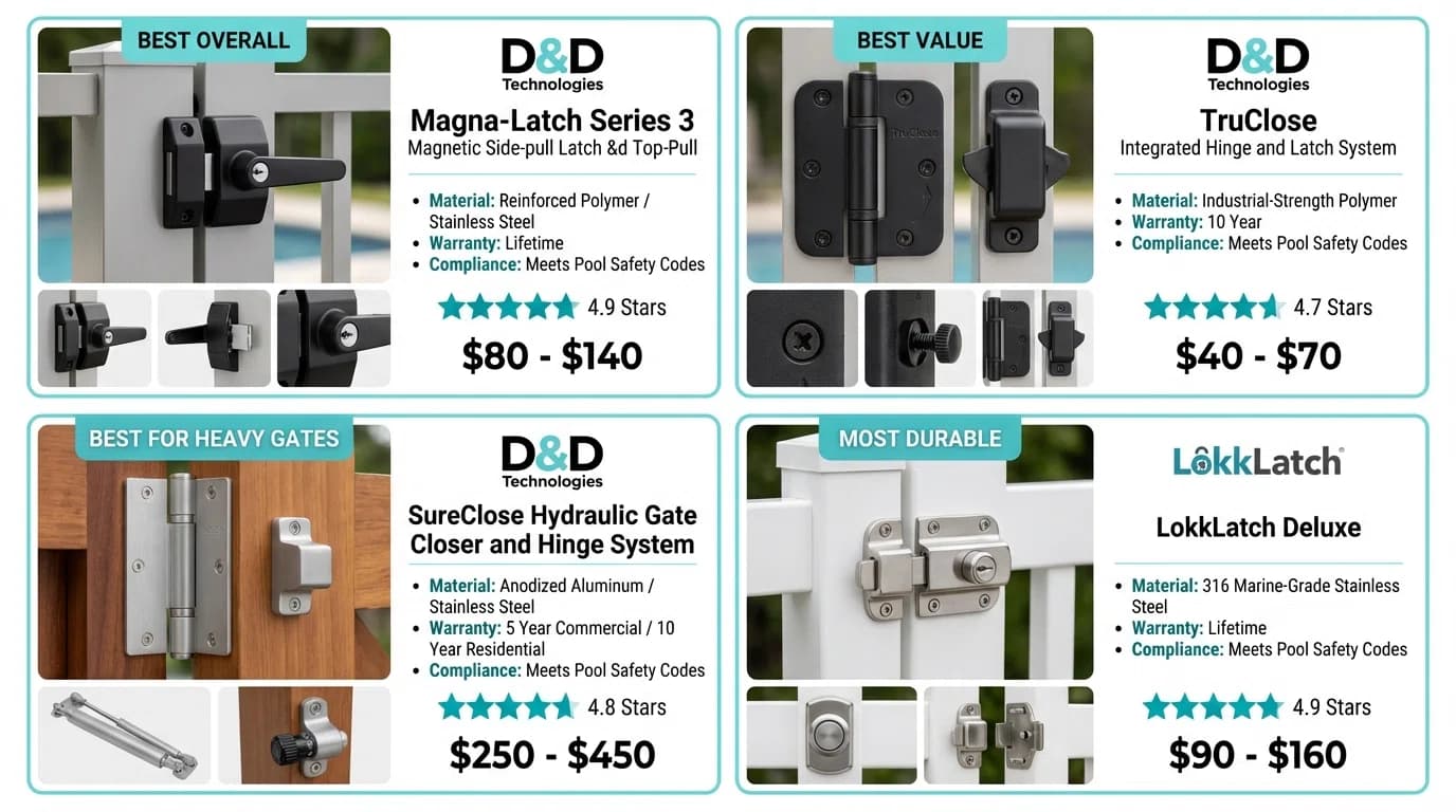 Product comparison showing top-rated self-latching gate systems