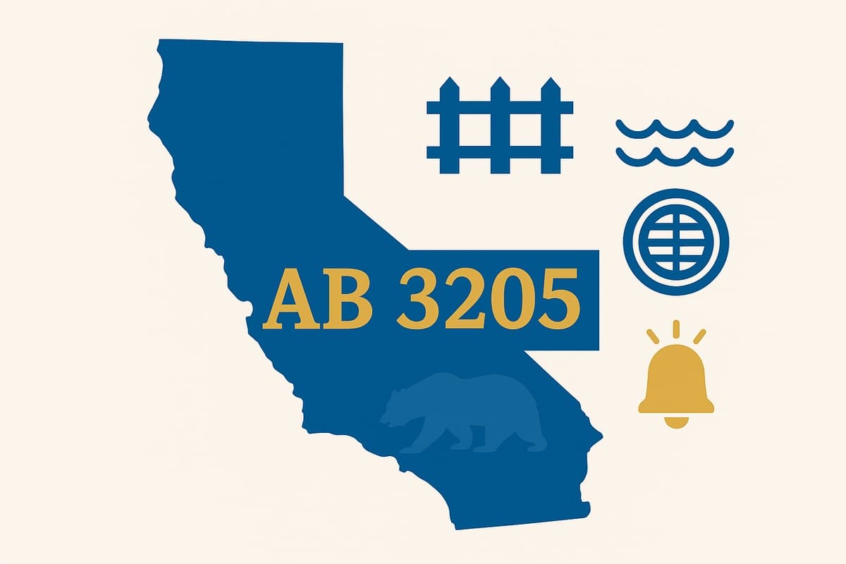 California state outline with pool safety icons overlaid in blue and gold color scheme, professional infographic style
