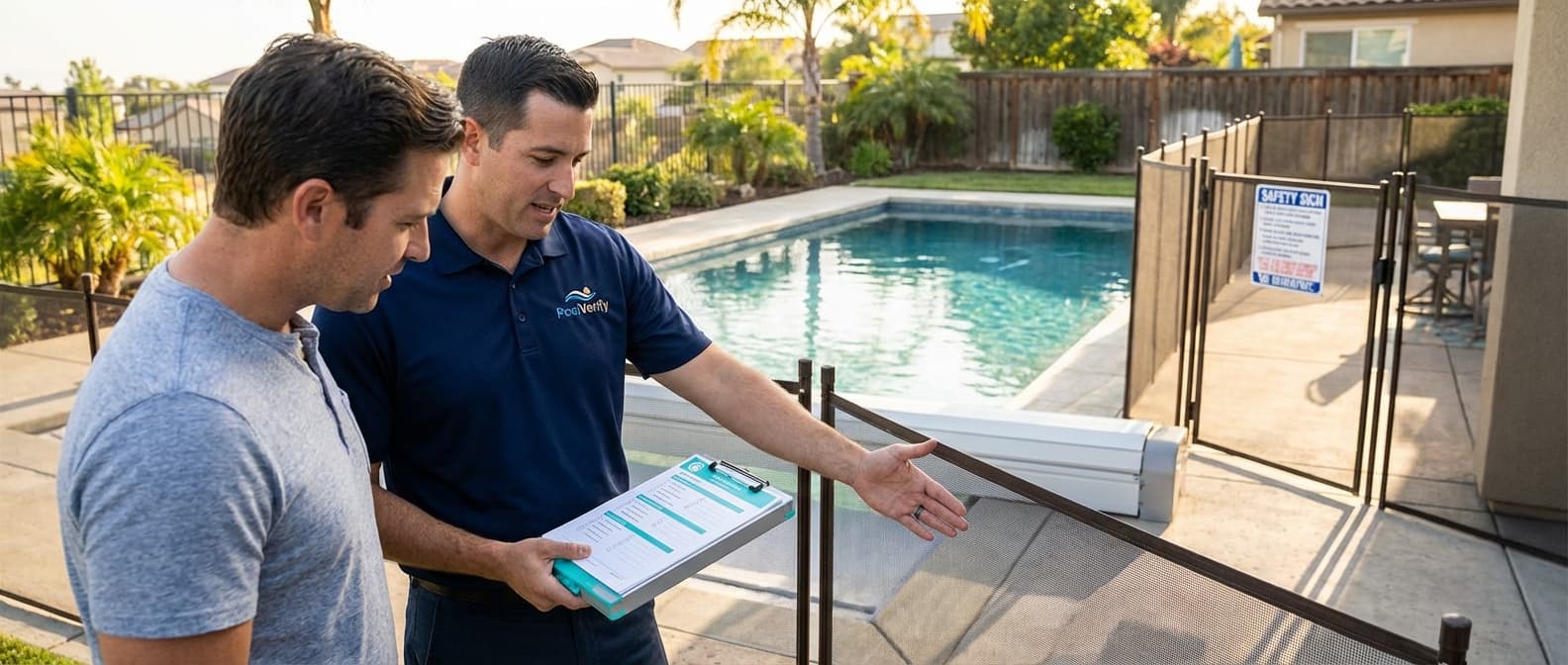 California BPC 7195 pool inspection documentation showing safety features checklist and compliance report