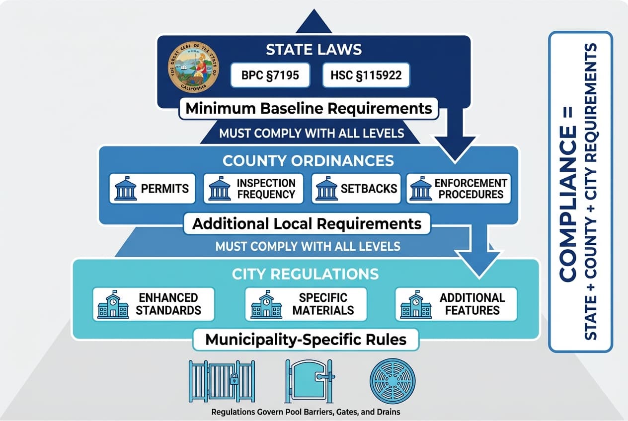 Hierarchical diagram showing California pool safety framework from state to county to city level