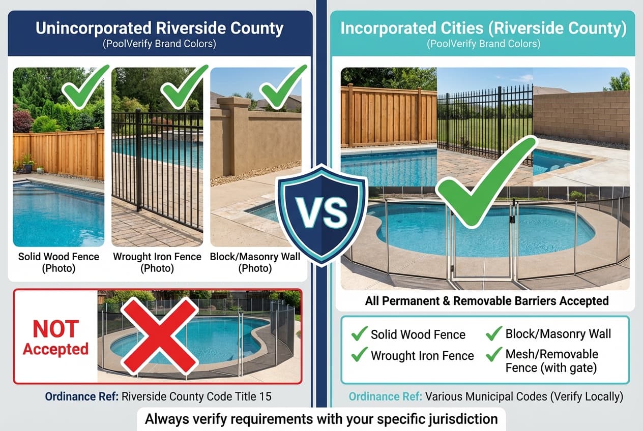 Comparison chart showing different acceptable barrier types in Riverside County unincorporated areas versus incorporated cities