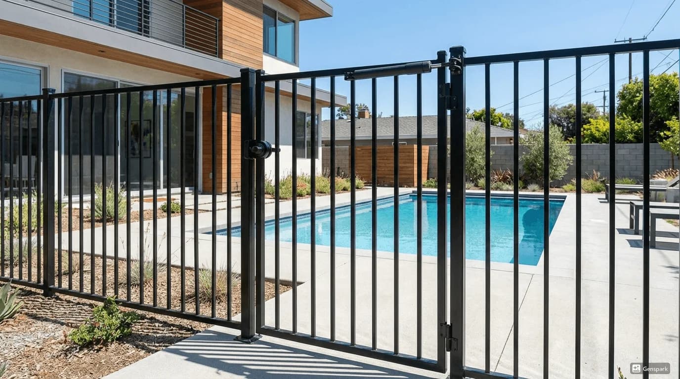 California compliant pool barrier with proper fencing height and self-closing gate mechanism
