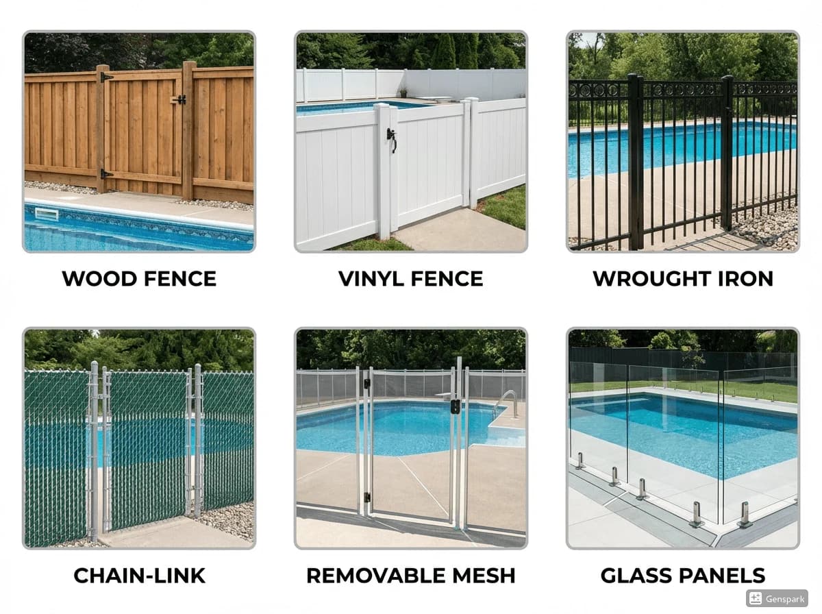 Grid layout showing different California-compliant pool barrier types including wood, vinyl, wrought iron, chain-link, mesh, and glass