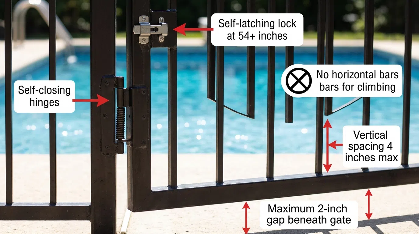 California pool gate showing compliant self-closing, self-latching mechanism at proper height