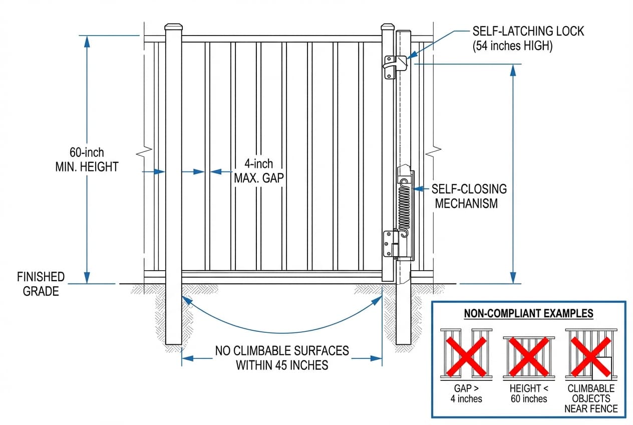Detailed diagram showing California pool barrier specifications with height and spacing requirements