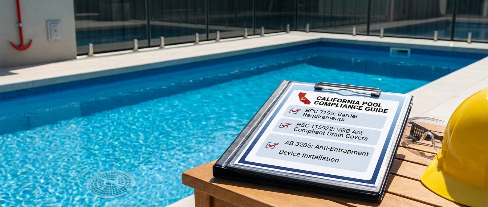 California pool laws compliance guide showing residential pool with safety barriers and legal requirements documentation