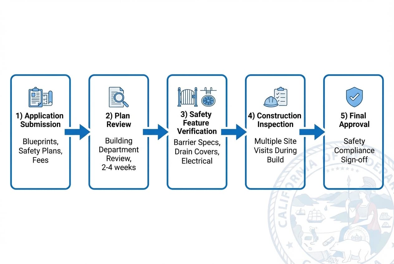 California pool permit process showing step-by-step building department requirements