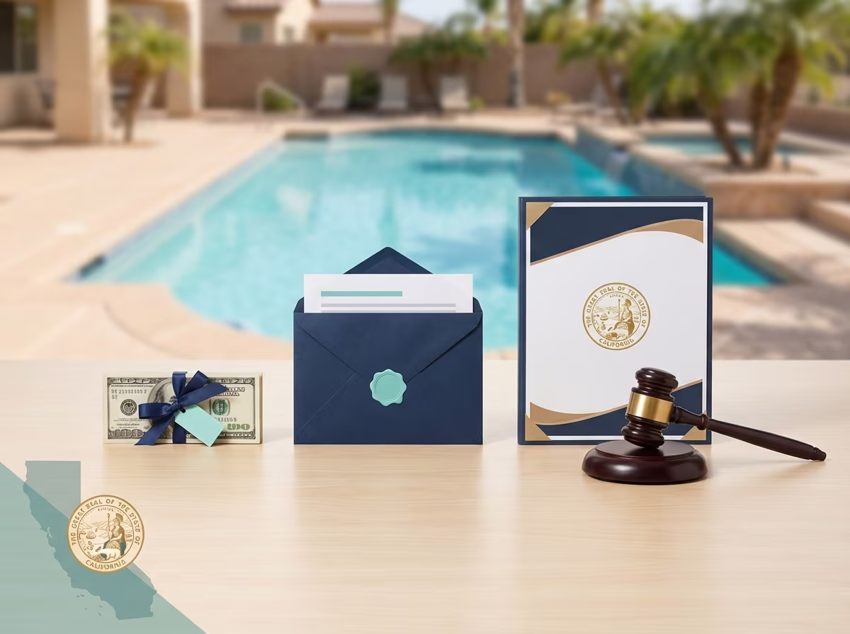 Infographic showing California pool non-compliance fine ranges by violation type