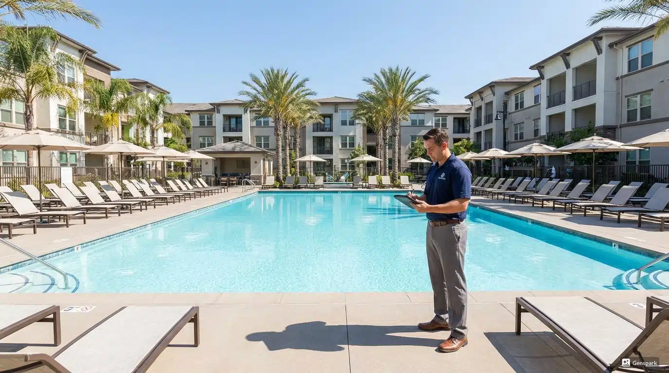 Commercial swimming pool at California apartment complex with inspector checking compliance