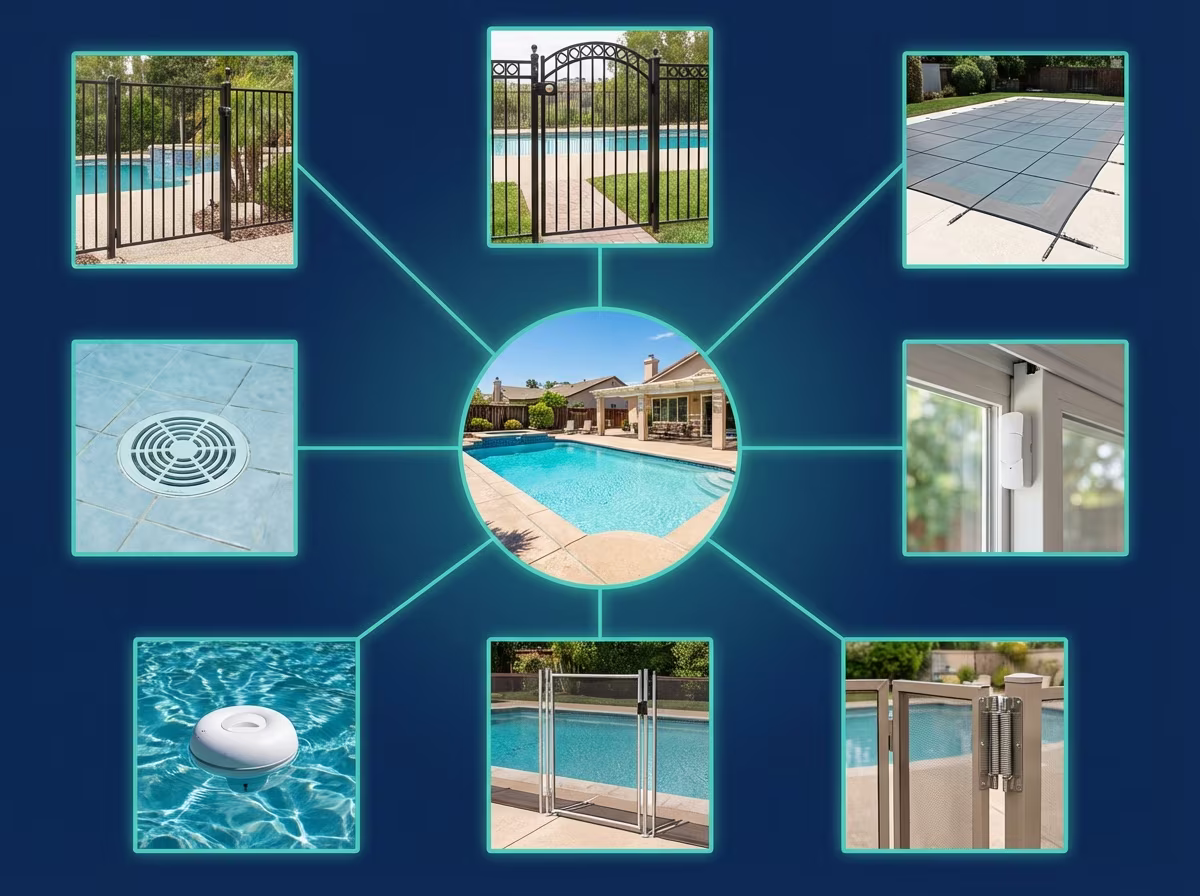 Infographic showing the seven approved drowning prevention features under HSC §115922