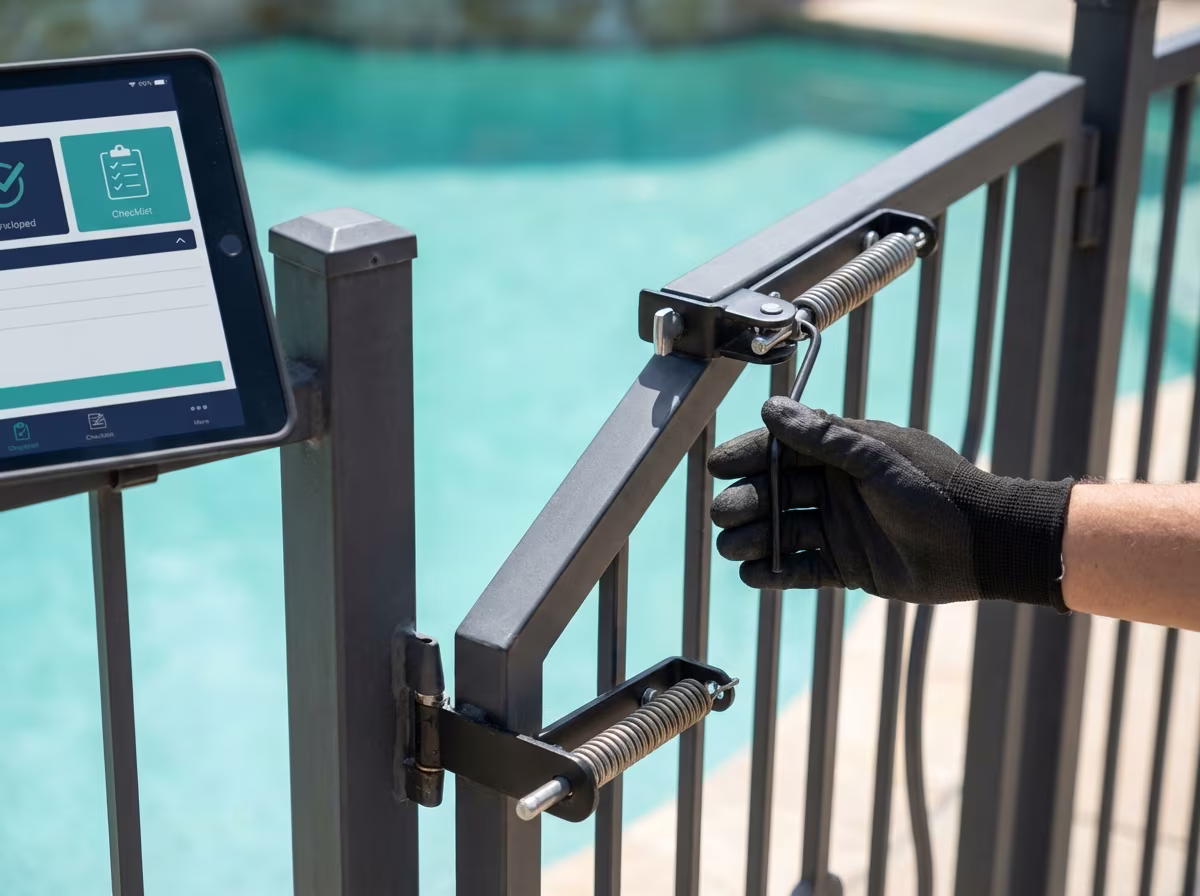 Pool gate self-closing mechanism being tested during inspection