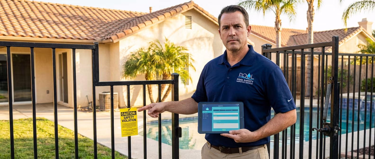 California pool inspector documenting safety violations at a residential swimming pool