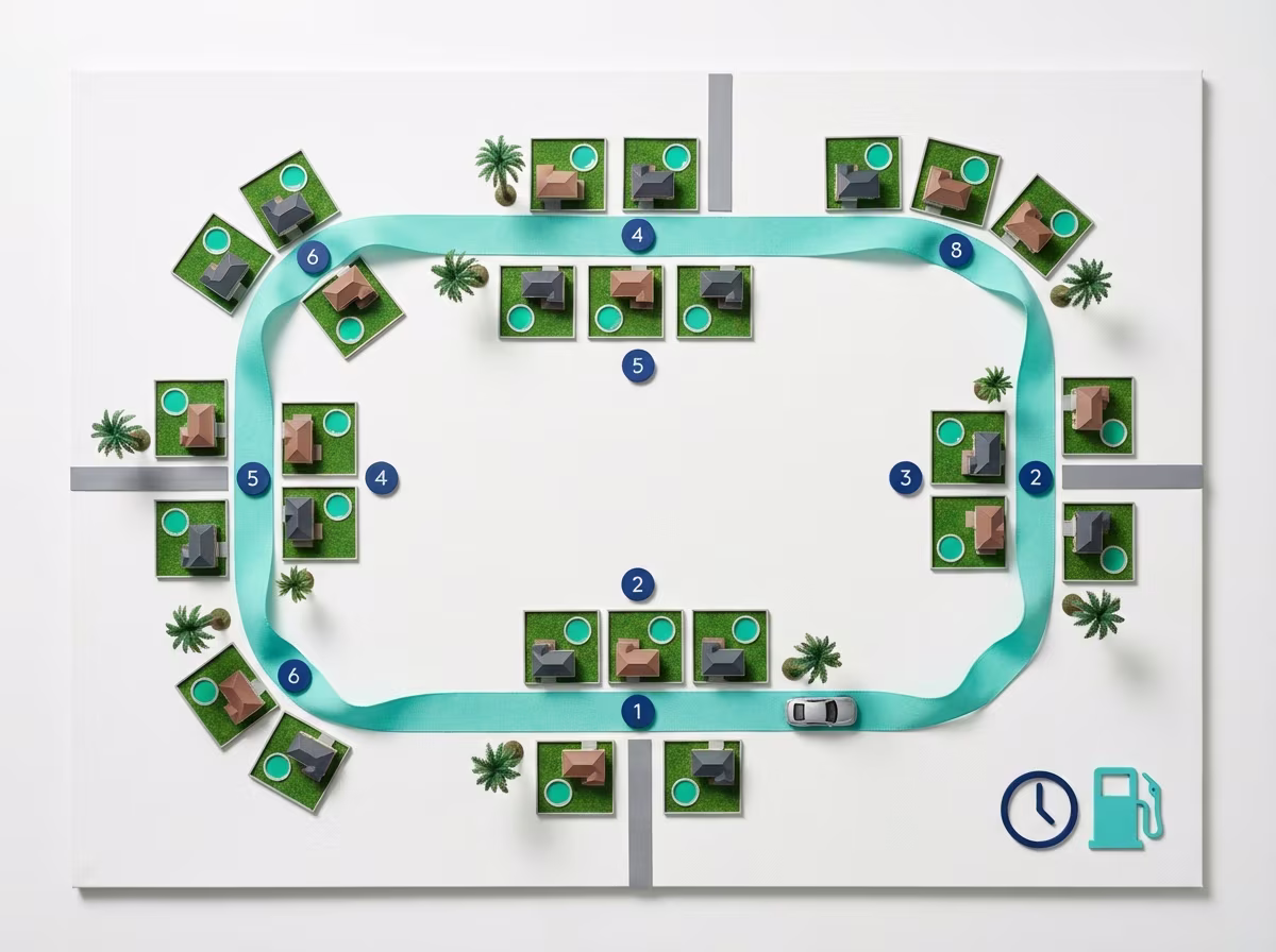 Optimized driving route between pool inspection properties