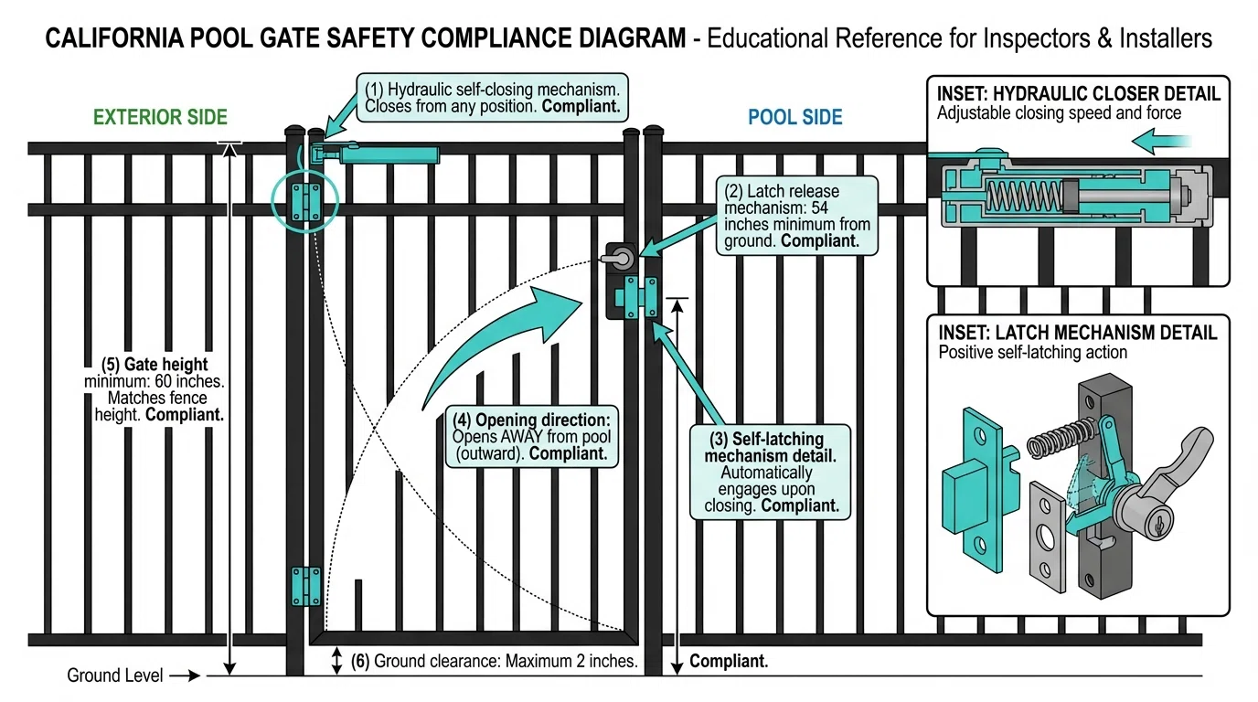 Technical diagram showing compliant pool gate with self-closing mechanism, self-latching hardware, 54-inch latch height, and outward opening direction