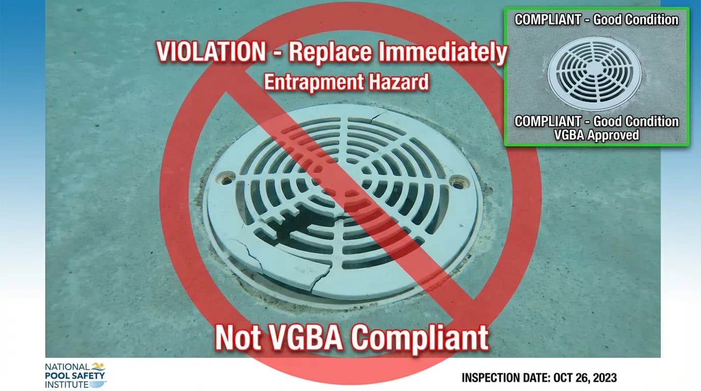 Damaged pool drain cover showing cracks and missing certification - safety violation