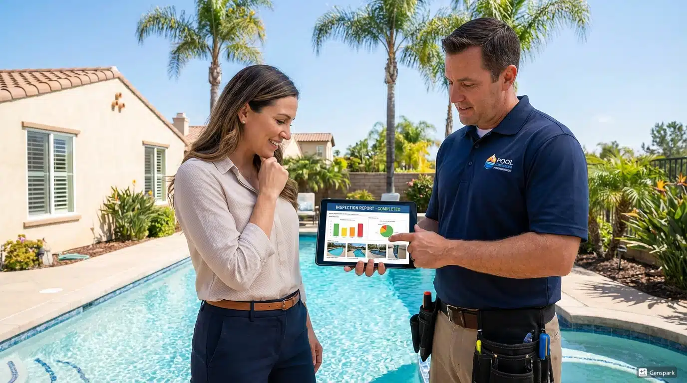 Pool inspector using tablet at poolside with client