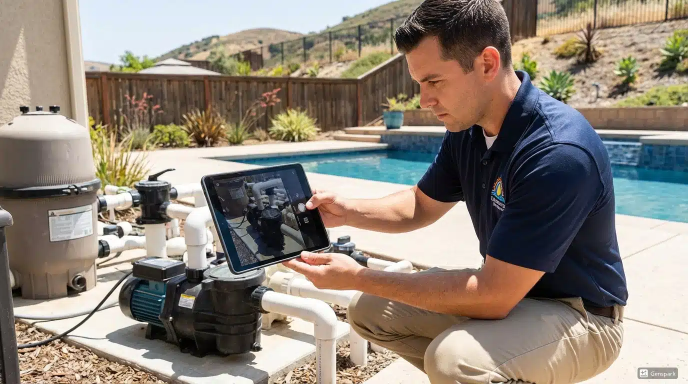 Inspector taking photo with tablet during pool inspection