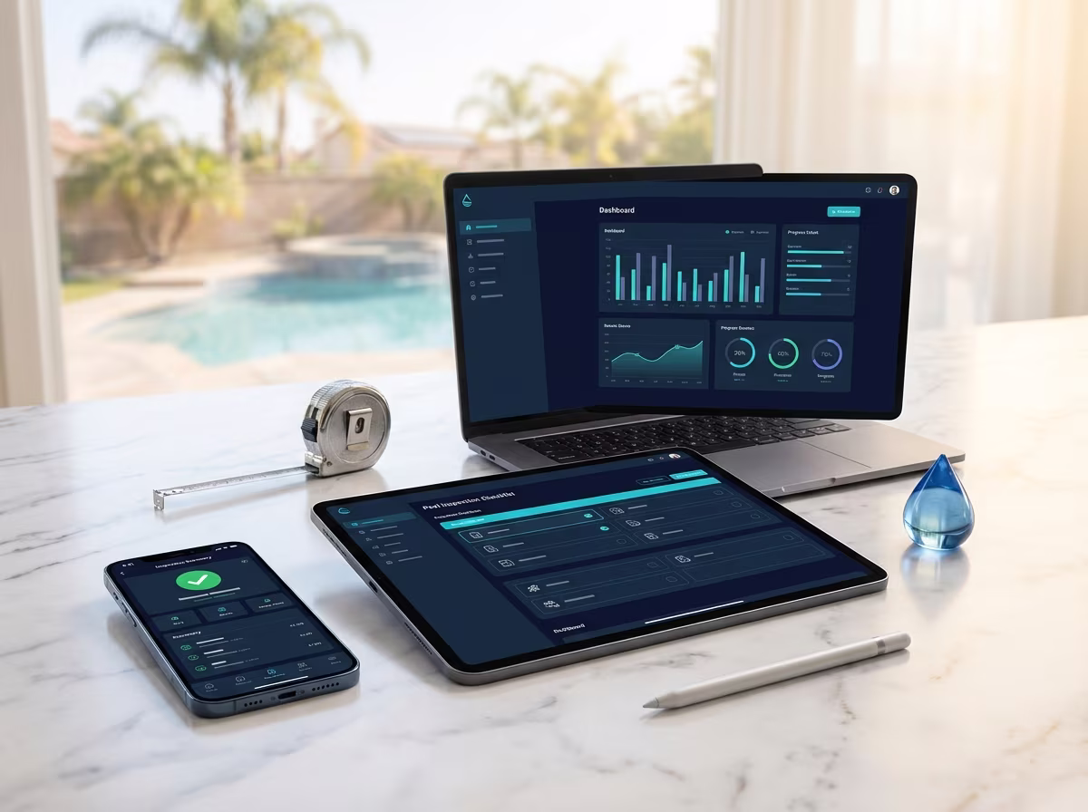 Pool inspection software running on tablet, phone, and desktop