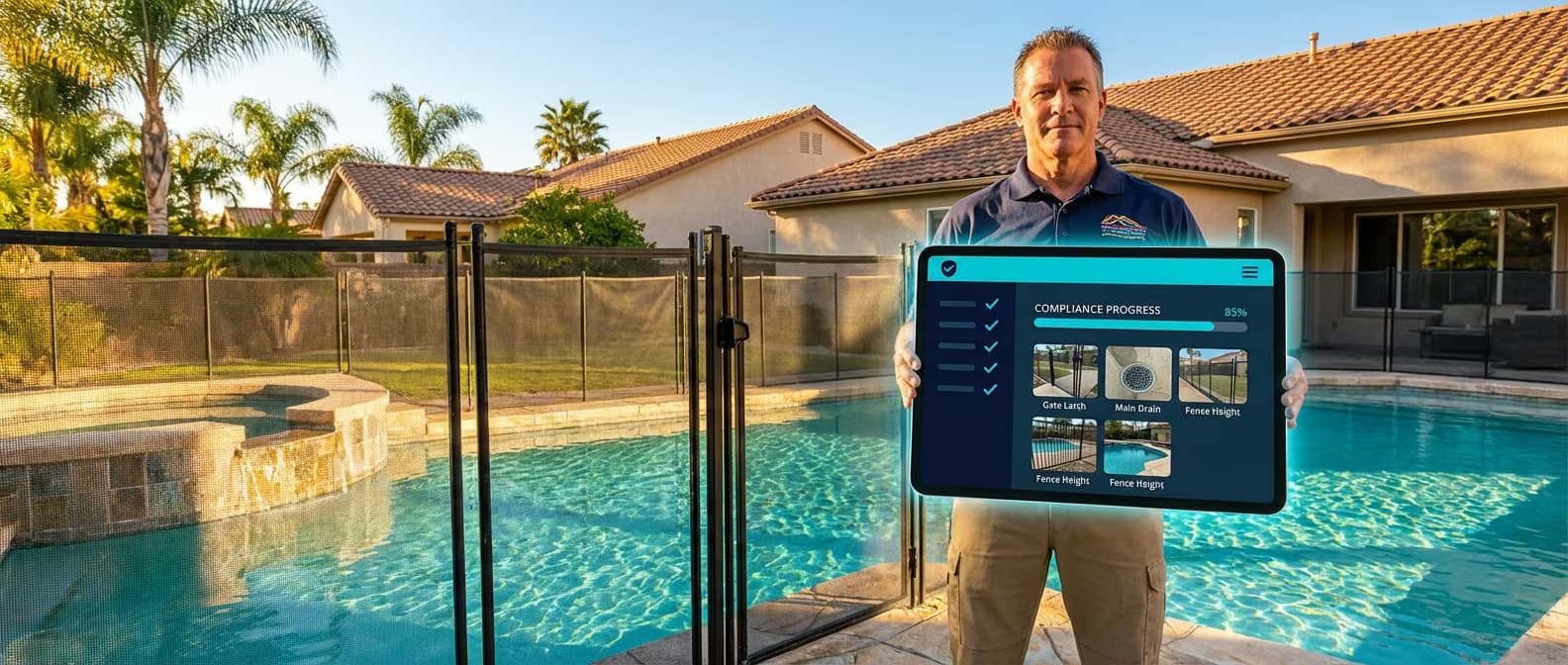 Pool inspector using digital inspection software on tablet at California poolside