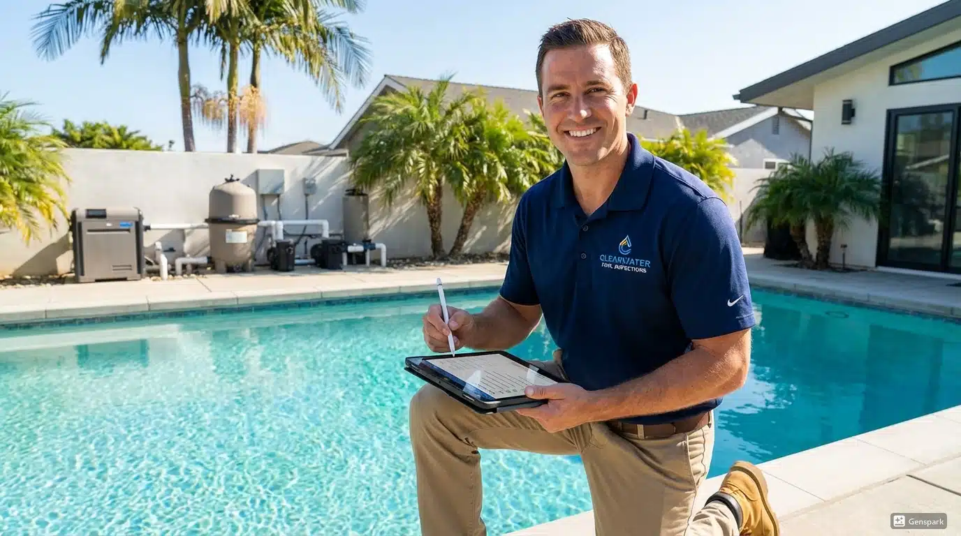 Happy pool inspector completing inspection quickly on tablet