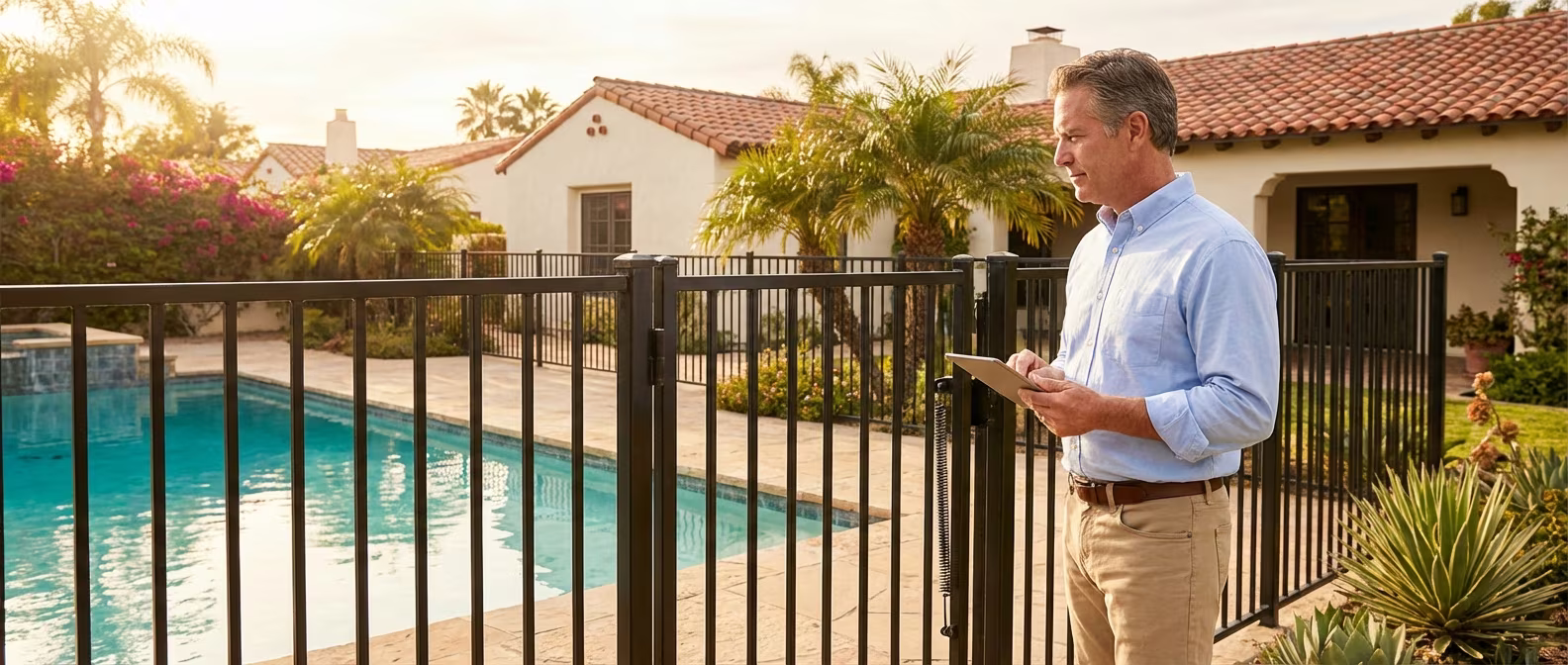 California homeowner reviewing pool safety compliance checklist next to residential swimming pool