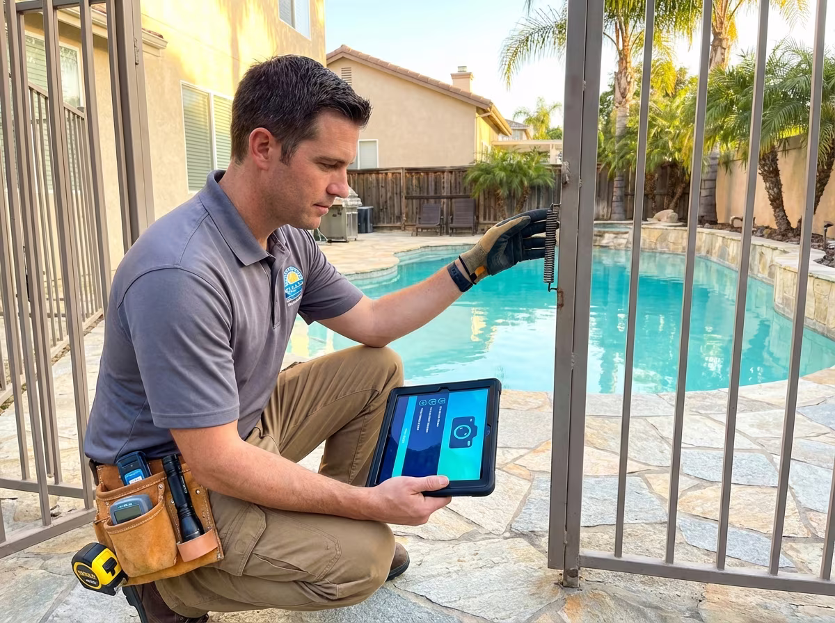 Qualified pool inspector documenting compliance findings with professional inspection software