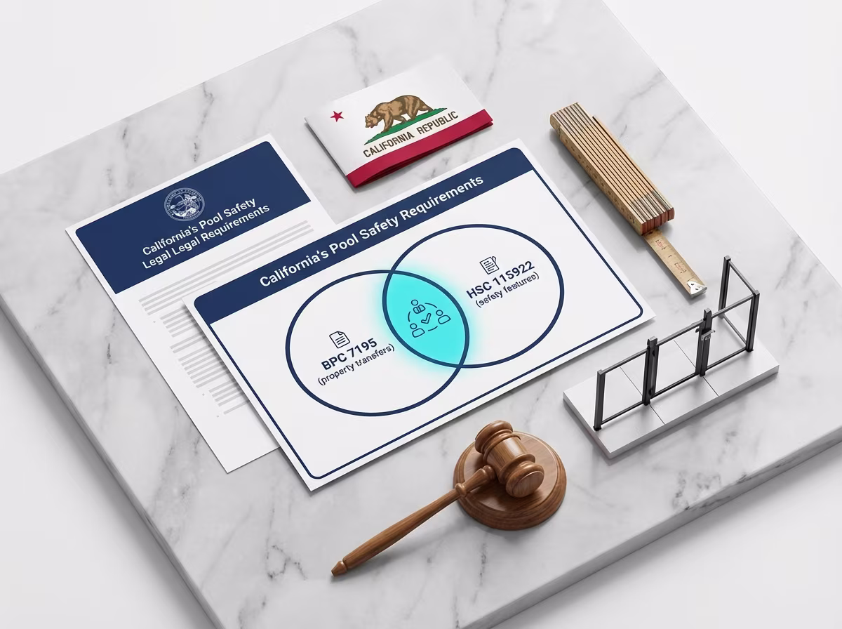 California pool safety law framework showing BPC 7195 and HSC 115922 requirements