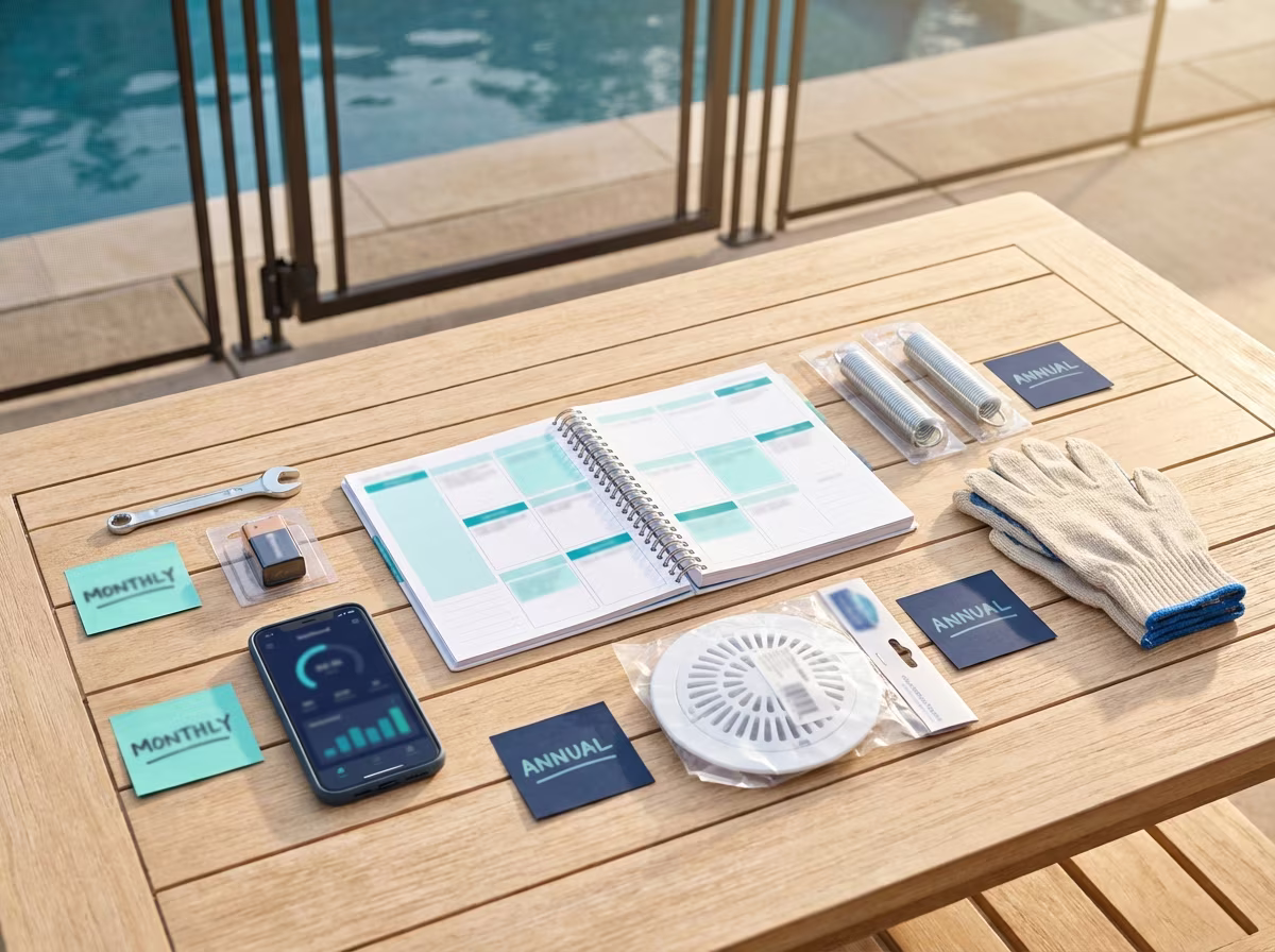 Pool maintenance schedule showing monthly and annual compliance verification tasks