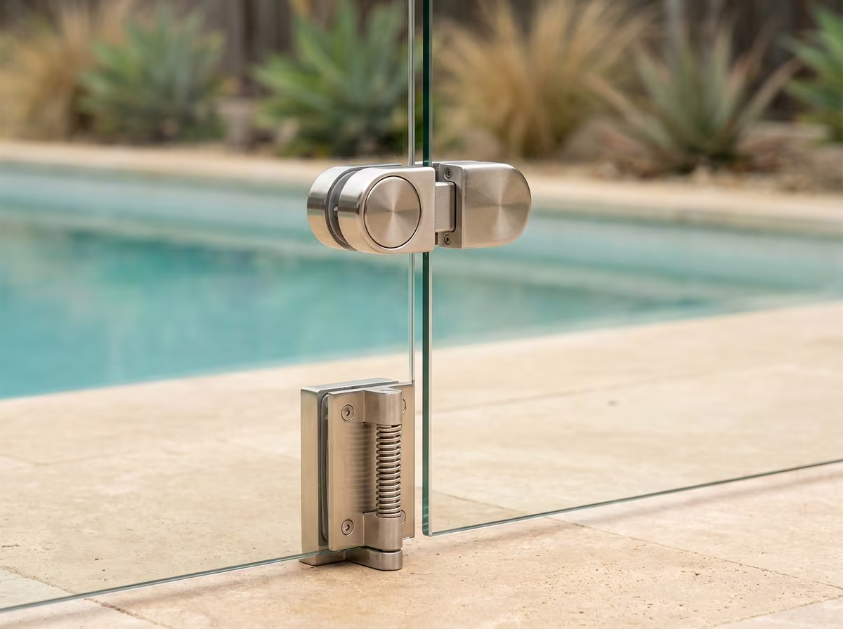 Self-closing self-latching magnetic gate latch on a glass pool fence at latch height above the walking surface