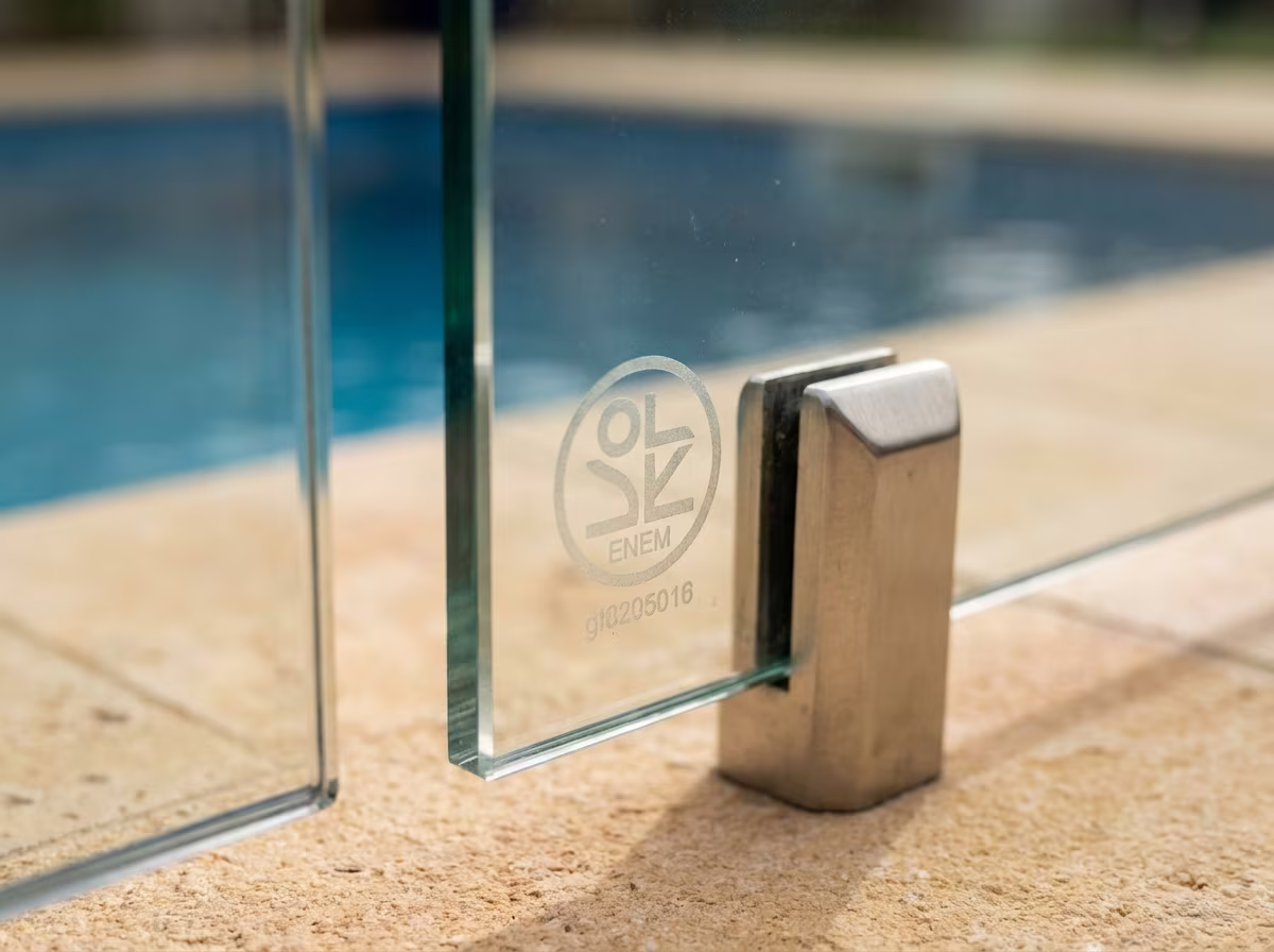 Edge of a tempered glass pool fence panel showing the permanent safety-glazing certification stamp