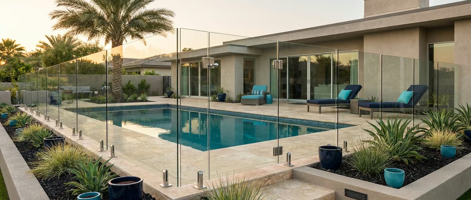 Frameless glass pool fence around a California backyard pool with self-closing gate