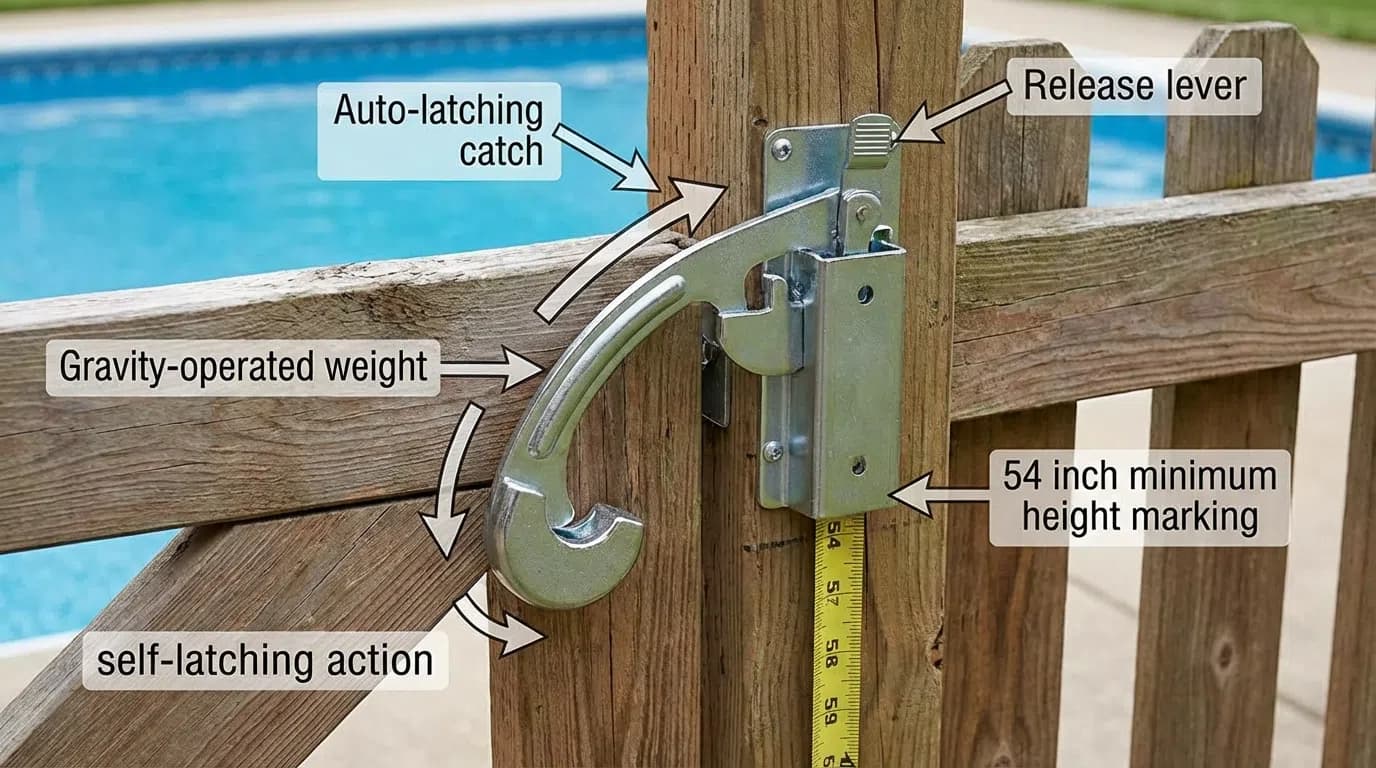 Close-up photo of gravity latch showing drop-bar mechanism and catch assembly
