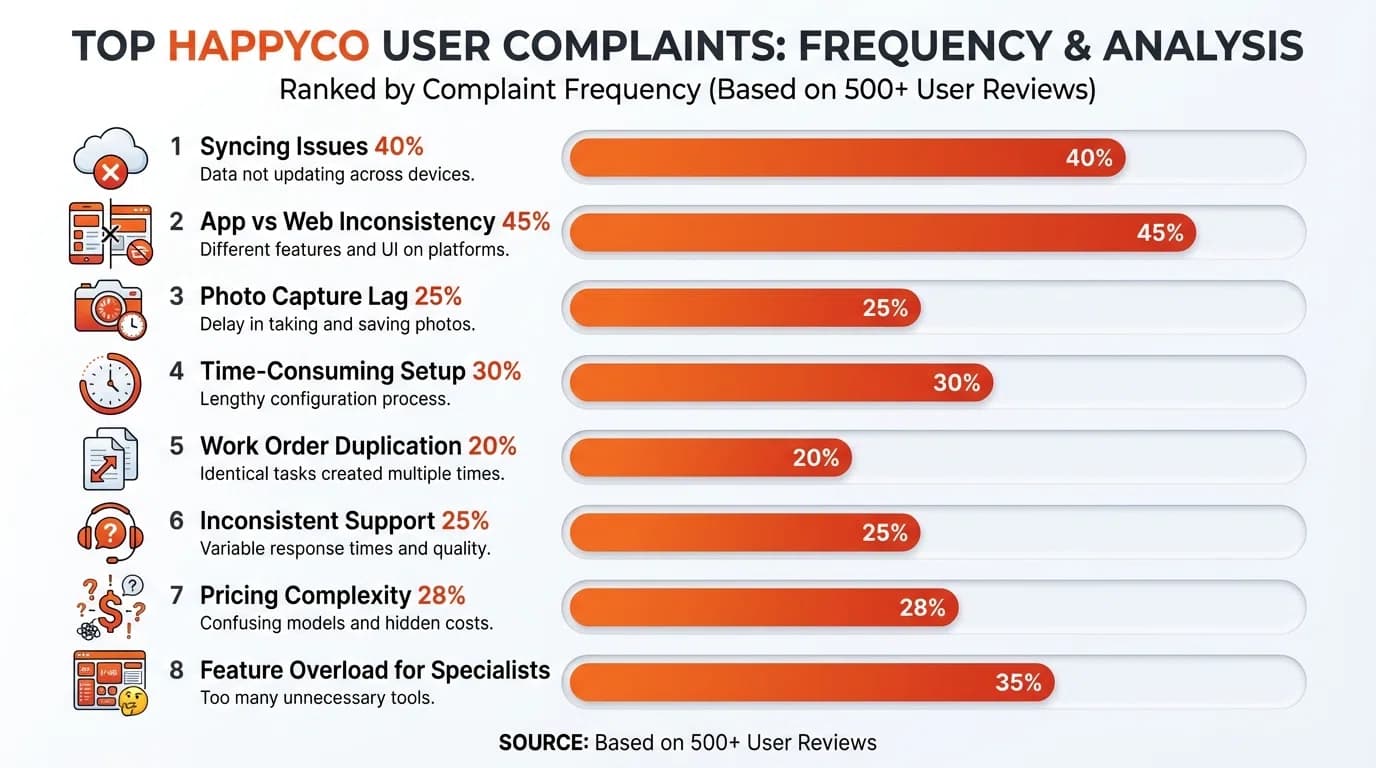 Common HappyCo complaints infographic showing syncing issues, app-web inconsistency, and photo lag problems with user testimonials