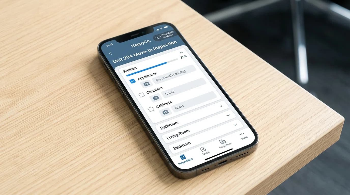HappyCo mobile app interface showing property inspection checklist on smartphone with photo capture feature