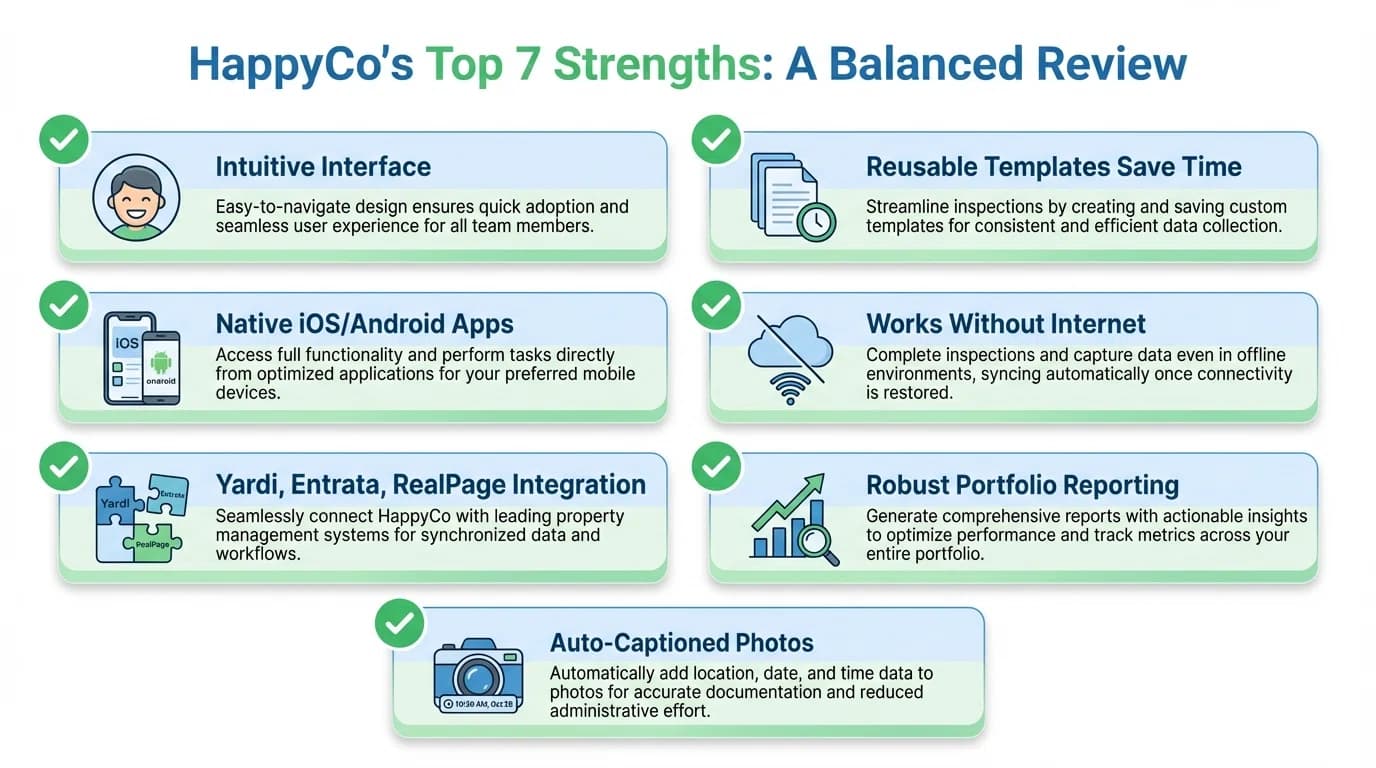 HappyCo strengths infographic showing key benefits like template reusability, offline mode, and property management integrations