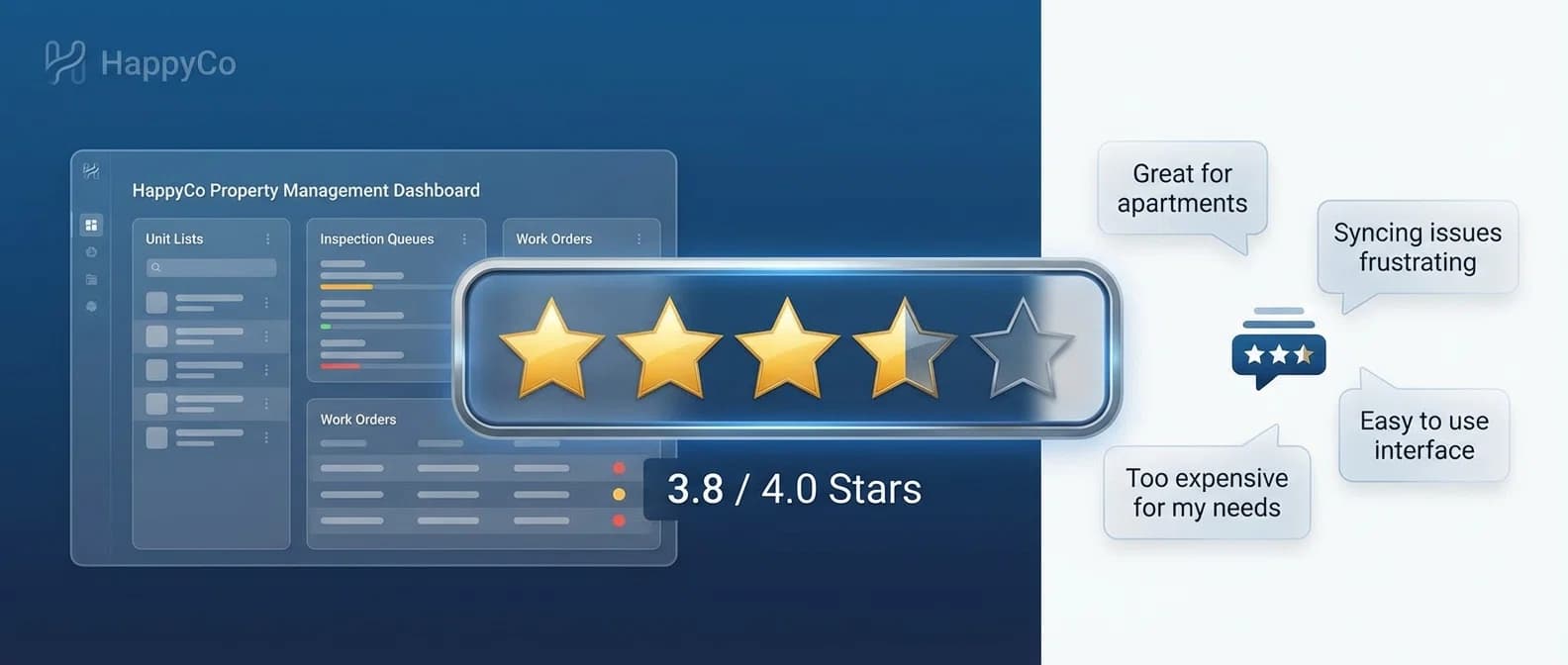 HappyCo inspection software interface review comparison showing property management dashboard and user ratings