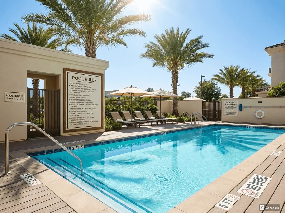Hotel pool safety signage and equipment
