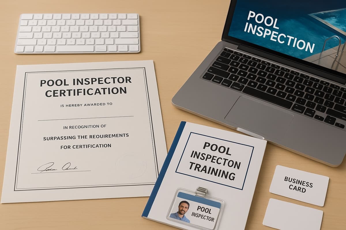 Professional certification documents and training materials for pool inspector certification arranged on desk with badge and ID