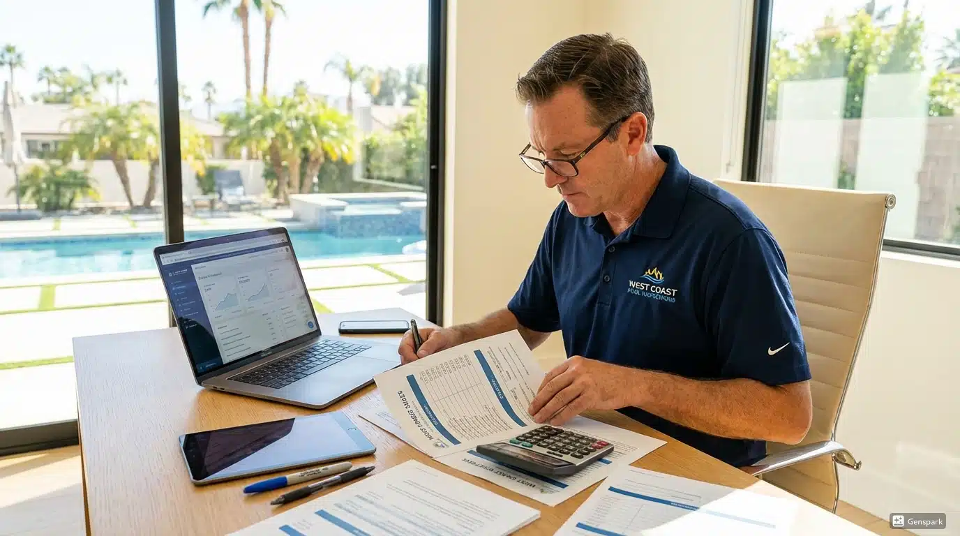 Pool inspector reviewing pricing sheet with calculator and laptop showing PoolVerify dashboard