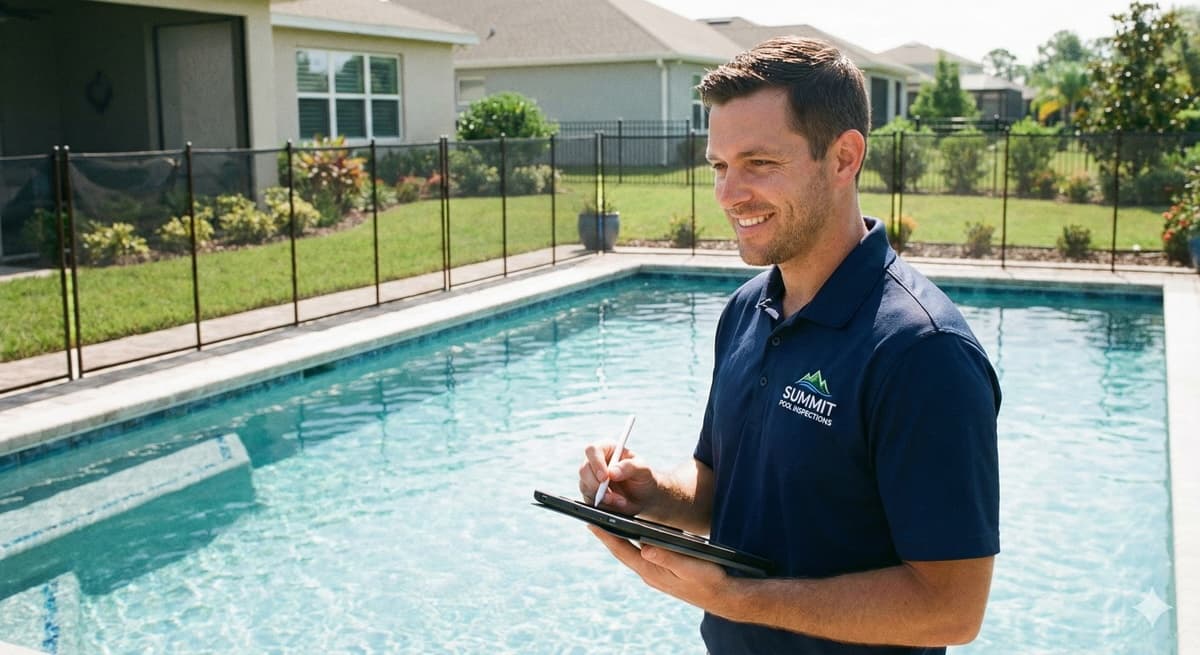 Professional pool inspector holding a tablet beside a residential swimming pool, taking detailed notes during an inspection